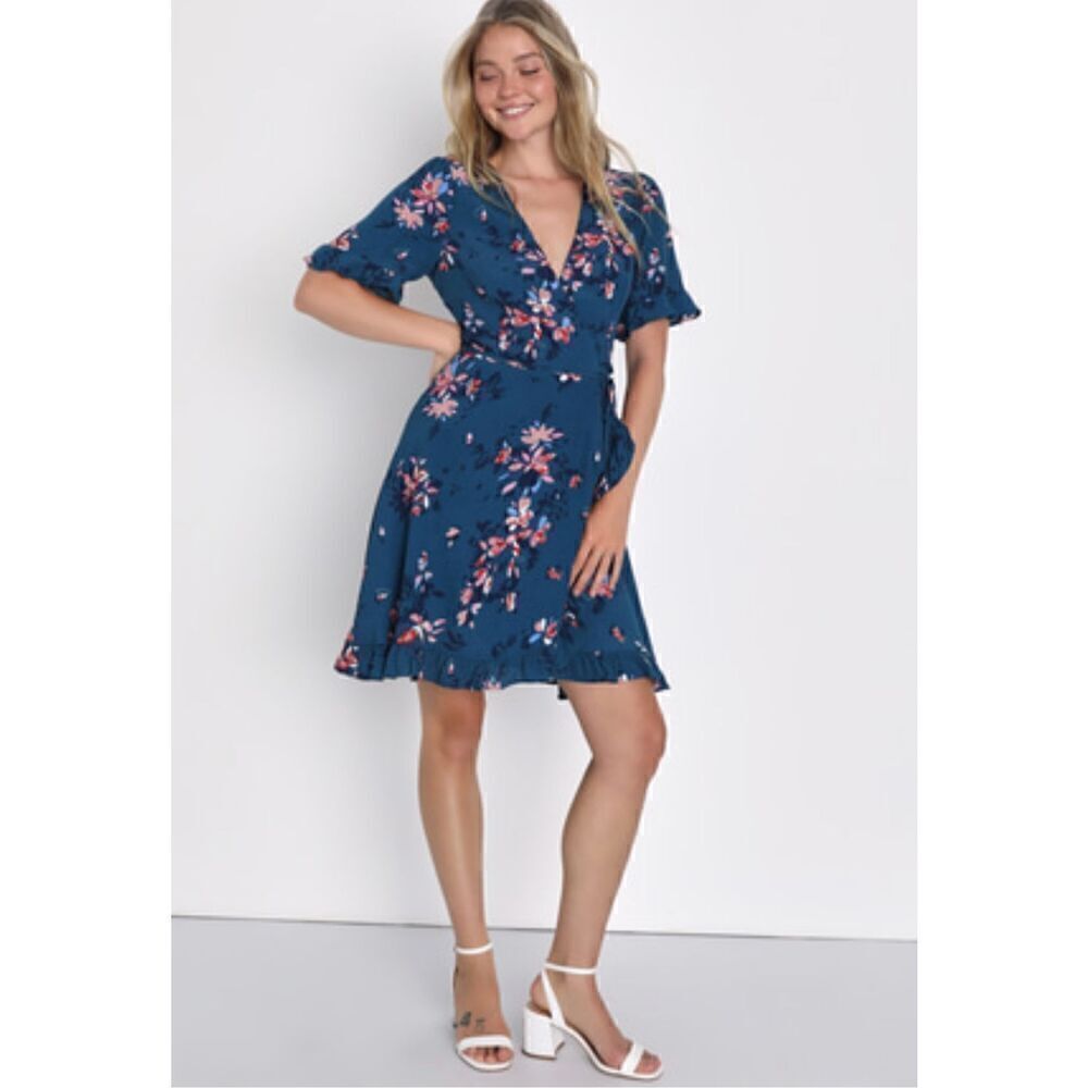 Lulu’s Teal Blue Floral Print Ruffle Wrap Dress M